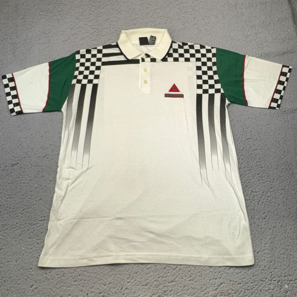 Vintage Le Coq Sportif Polo Shirt Mens Large White Checkered Graphic Tennis 90s